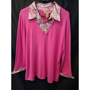 Notations Womens Pink/Paisley Collar/Cuff Pullover Sweater Top, 1X